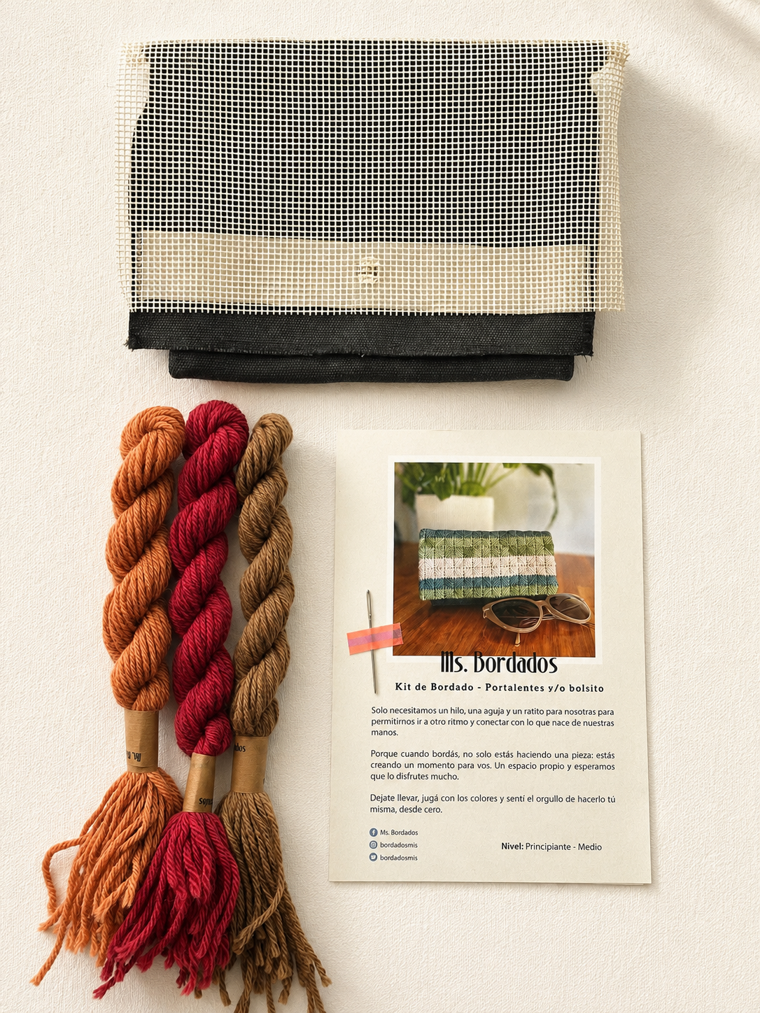 Kit de bordado en cañamazo - Bolsito Cleo Tierra - Ms. Bordados