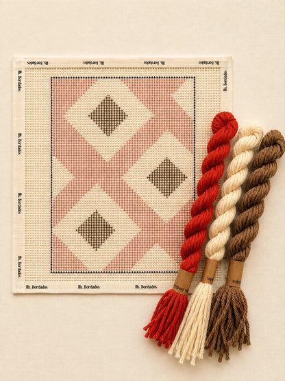 Componentes del Kit Cuadrito Cruce: cañamazo con el diseño, lanas, aguja y tarjetas de puntadas — Ms. Bordados