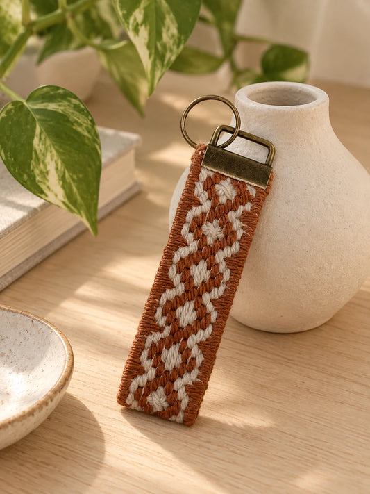 Llavero Franja Ritmo Cobre bordado sobre cañamazo, en Natural y Cobre, sobre una mesa — Ms. Bordados
