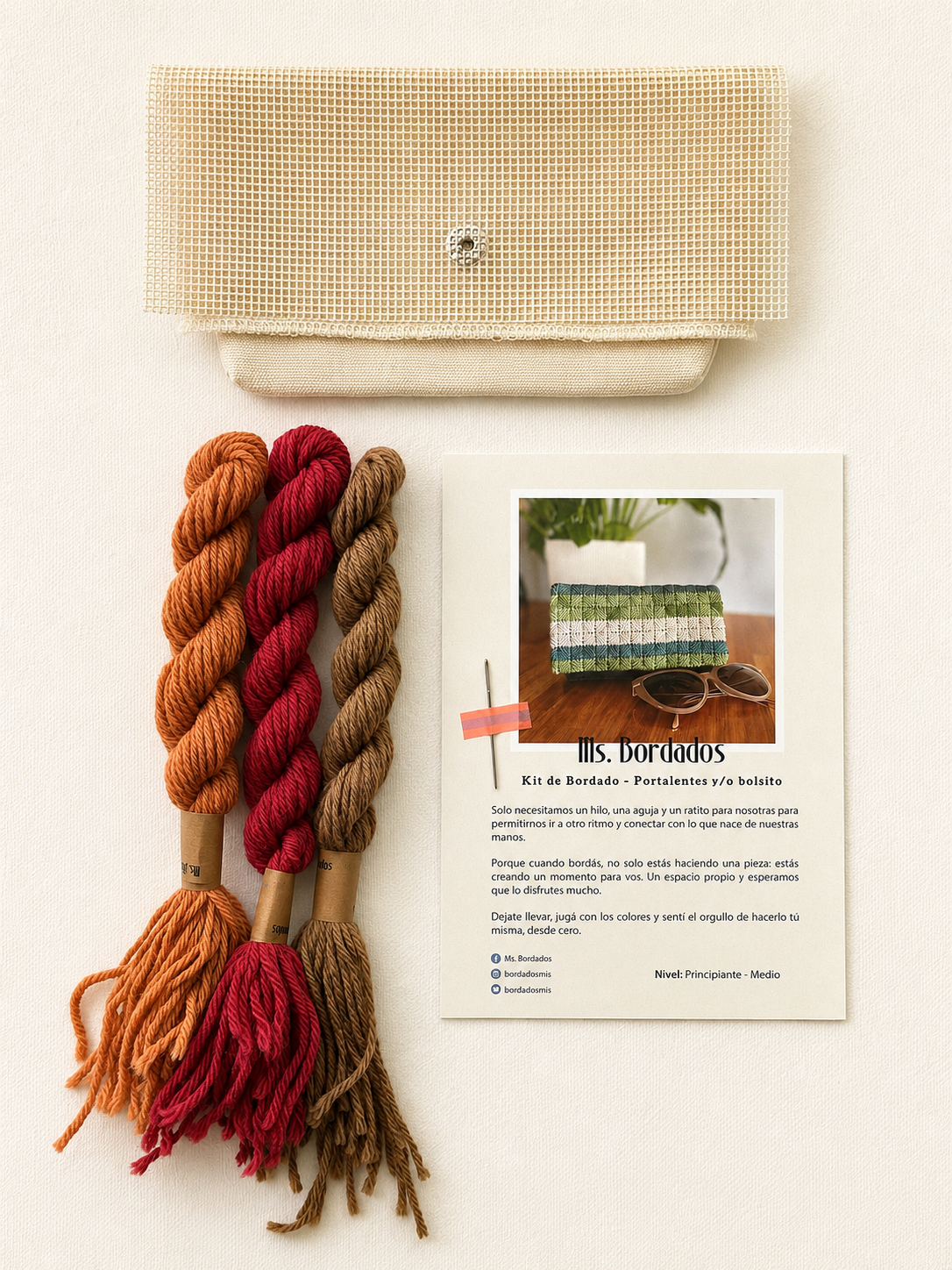 Kit de bordado en cañamazo - Portalentes Cleo Tierra - Ms. Bordados